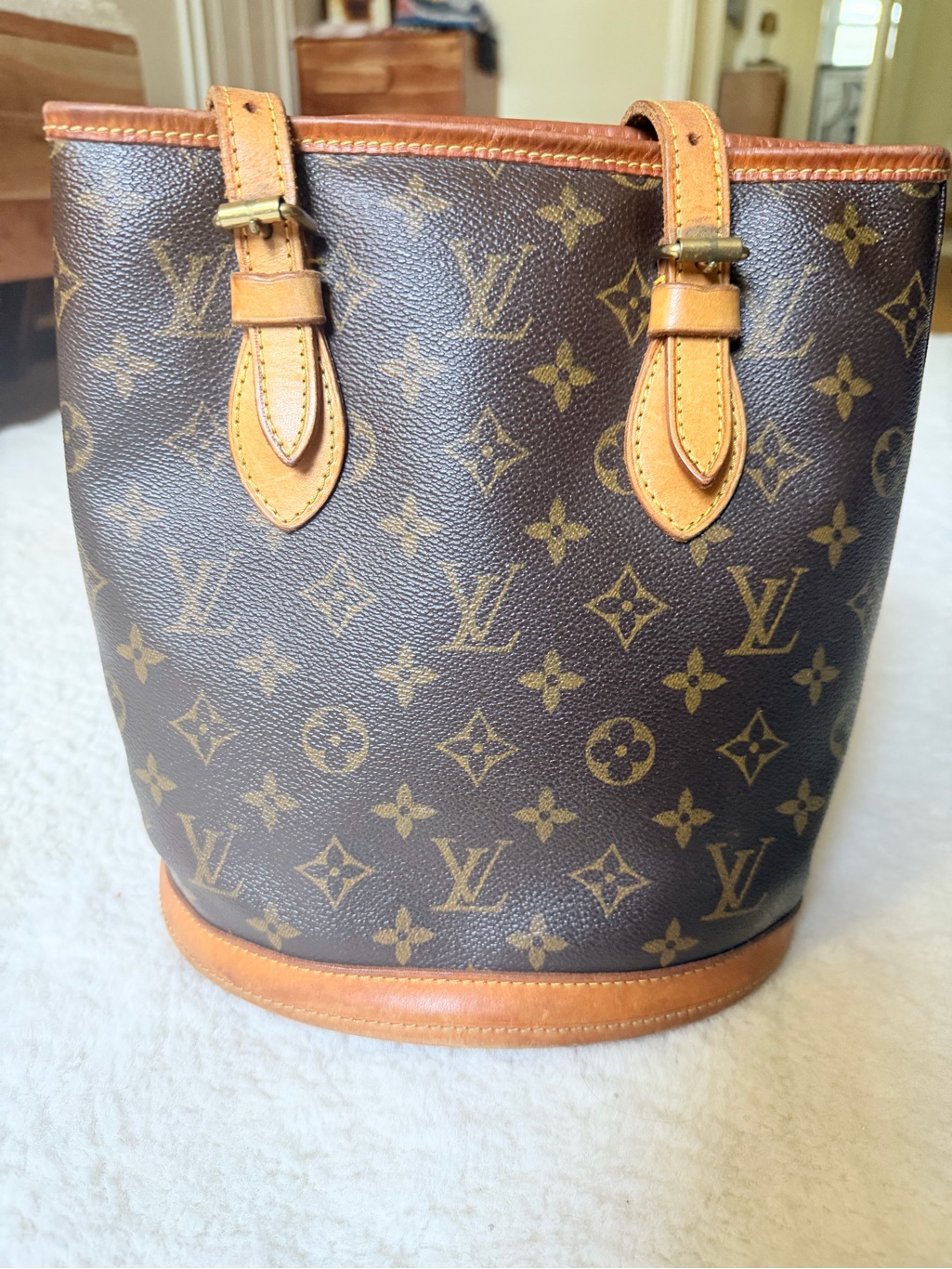 Louis Vuitton Monogram Bucket Bag In Brown & Tan Leather Trim